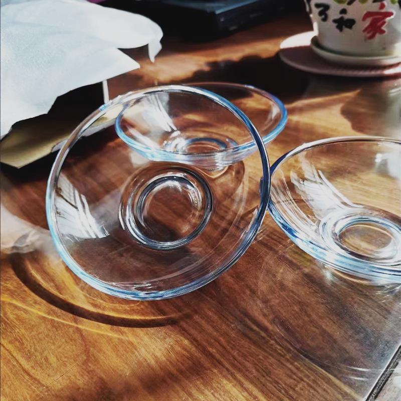 微波炉玻璃板圆形透明家用烹饪板耐高温钢化玻璃脚碗竹帽碗