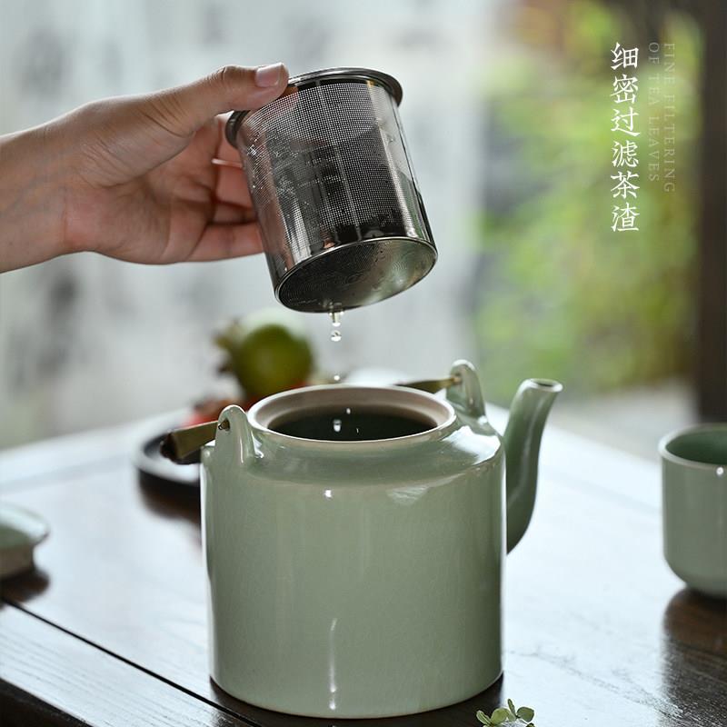 具汝窑过滤提汝窑提梁器梁壶大容量泡茶瓷开片陶家用饭店冷水壶杯