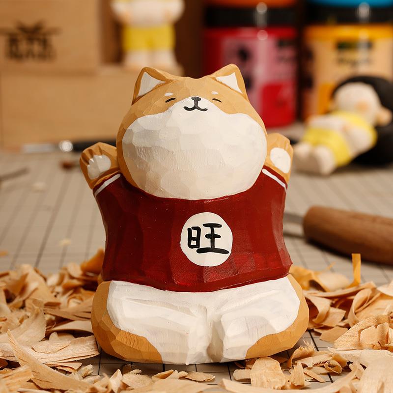 手工旺柴柴犬小狗狗小木雕摆件装饰情绪治愈电脑桌摆件三八节礼物