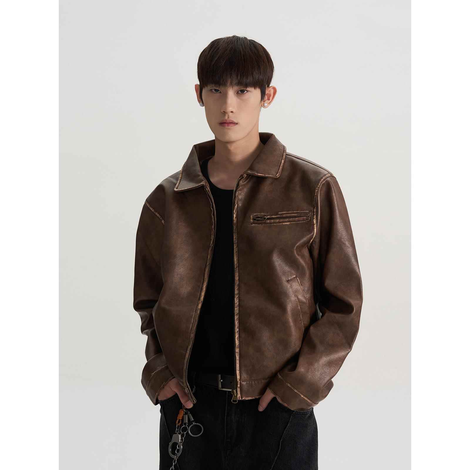 美式复古高街boxy哈灵顿做旧PU皮衣夹克潮cleanfit短款外套