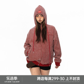 BLACKBB/美式街头菱形纹开衫男女早春宽松休闲连帽卫衣外套拉链衫