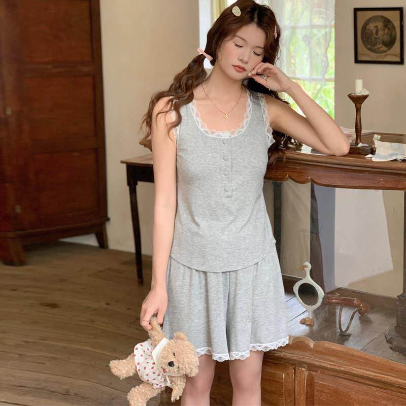 夏季带胸垫莫代尔月子服背心套装女孕妇睡衣夏哺乳吊带短裤家居服