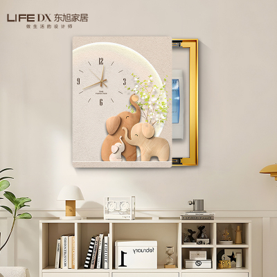 奶油风大象电表箱装饰画竖款带钟表配电箱遮挡时钟挂画电闸盒壁画