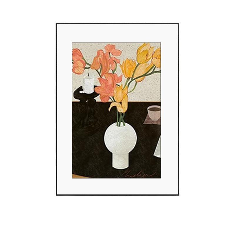 中古风装饰画百合花卉餐厅卧室挂画边柜摆画美式复古壁画法式插花