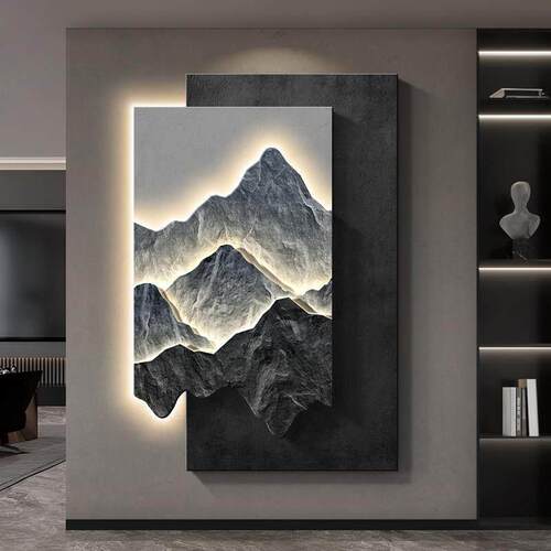 背有靠山玄关装饰画入户正对门立体砂岩挂画轻奢高级感客厅壁画灯