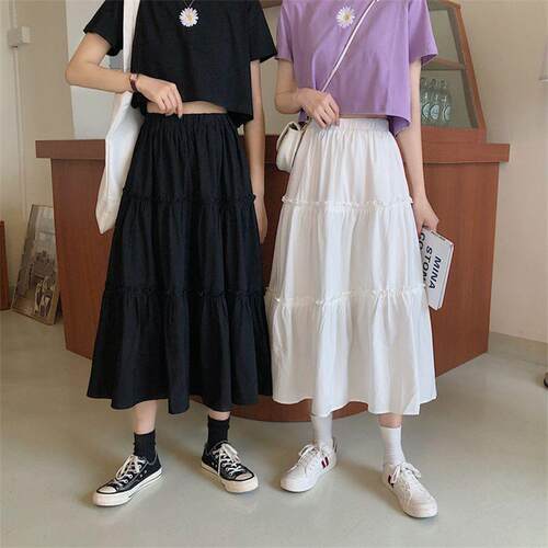 Plain Midi Skirt Womenswear High Waist A-Line Layered