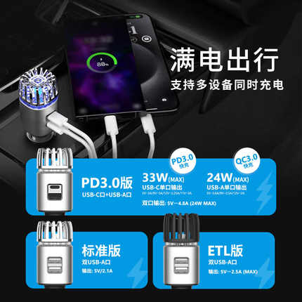外贸热销款式空气净化器汽车用品双USB车充负离子空气车载净化器