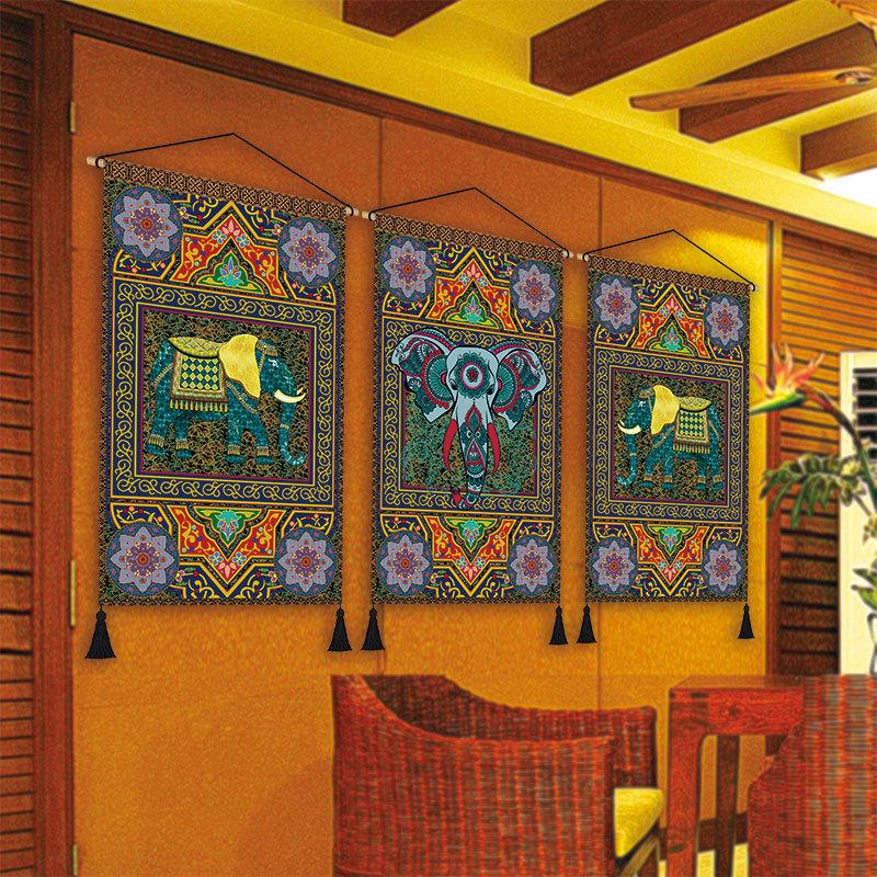 民宿客栈民族风复古坛城花纹大象布艺装饰画房间墙壁床头挂画挂布