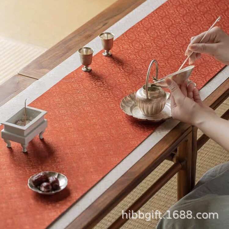 新品知舍唐草纹茶席套组复古中式茶桌台布垫子双面禅意布艺桌旗