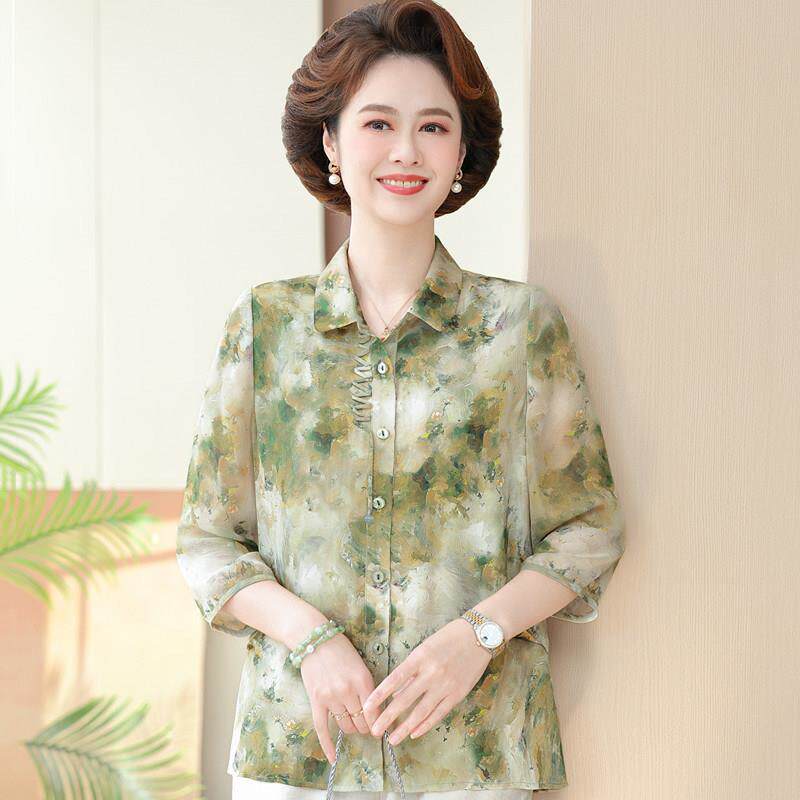 妈妈夏装真丝衬衫时尚中老年人上衣女碎花衬衫中年妇女桑蚕丝洋派
