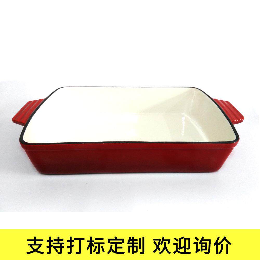 铸铁搪瓷红色珐琅锅长方形鱼盘双耳烤盘家用烤面包芝士盘厂家直销