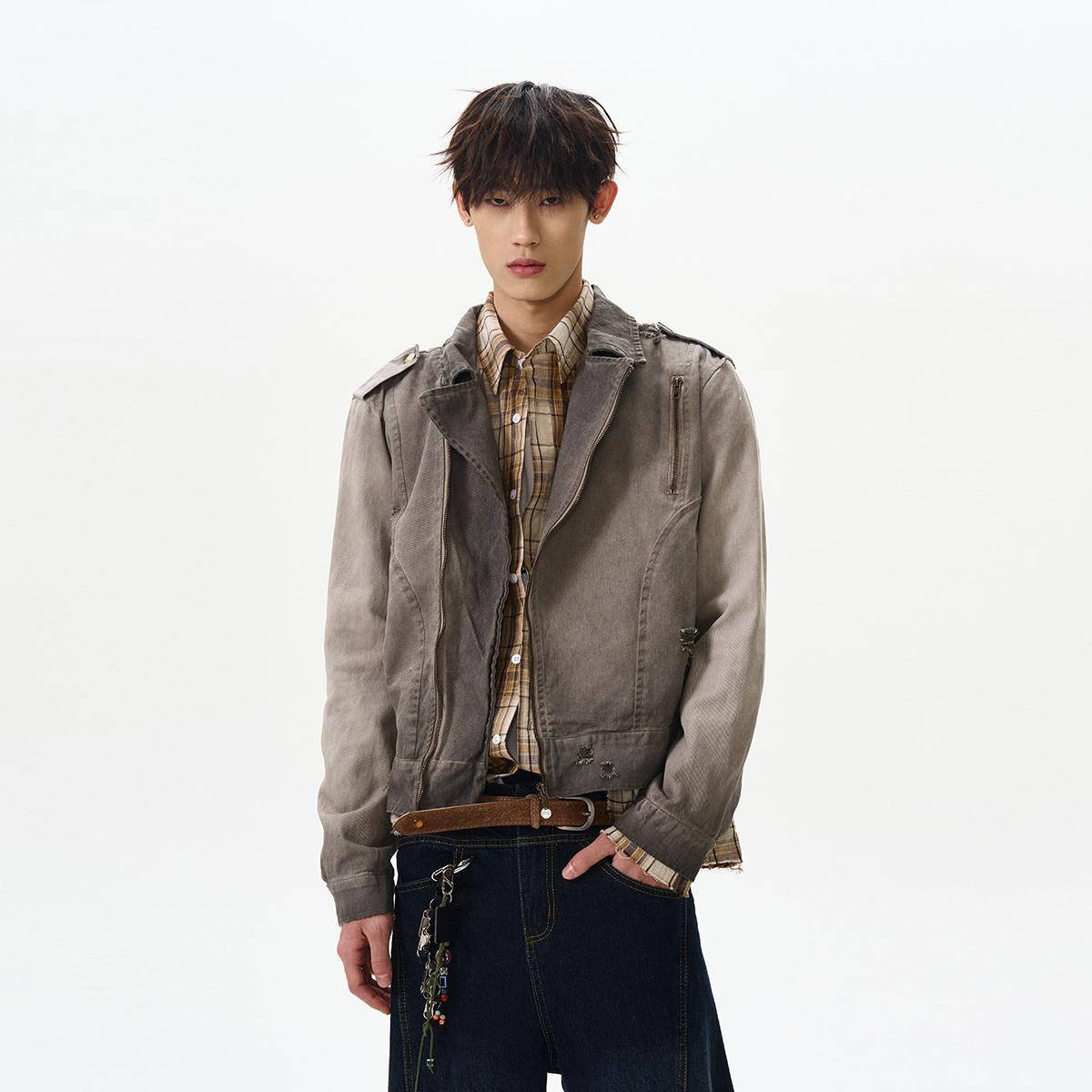 美式复古vintage水洗做旧廓形夹克boxy短款巴恩风工装外套