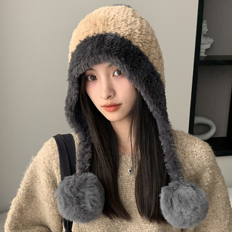 雷锋帽毛绒帽子拼接毛线骑行帽子
