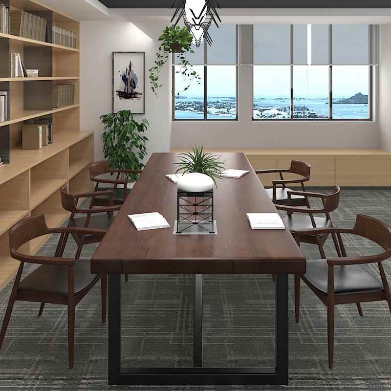 美式工谈业风实木办公桌椅组合公职GLN司员工面议桌员会电脑办公