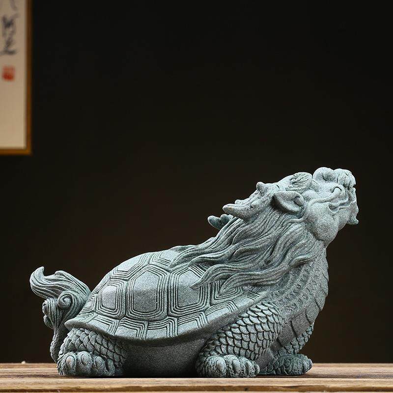 国风青砂石瑞兽龙龟摆件动物创意客厅书房茶室水族鱼缸造景装饰品