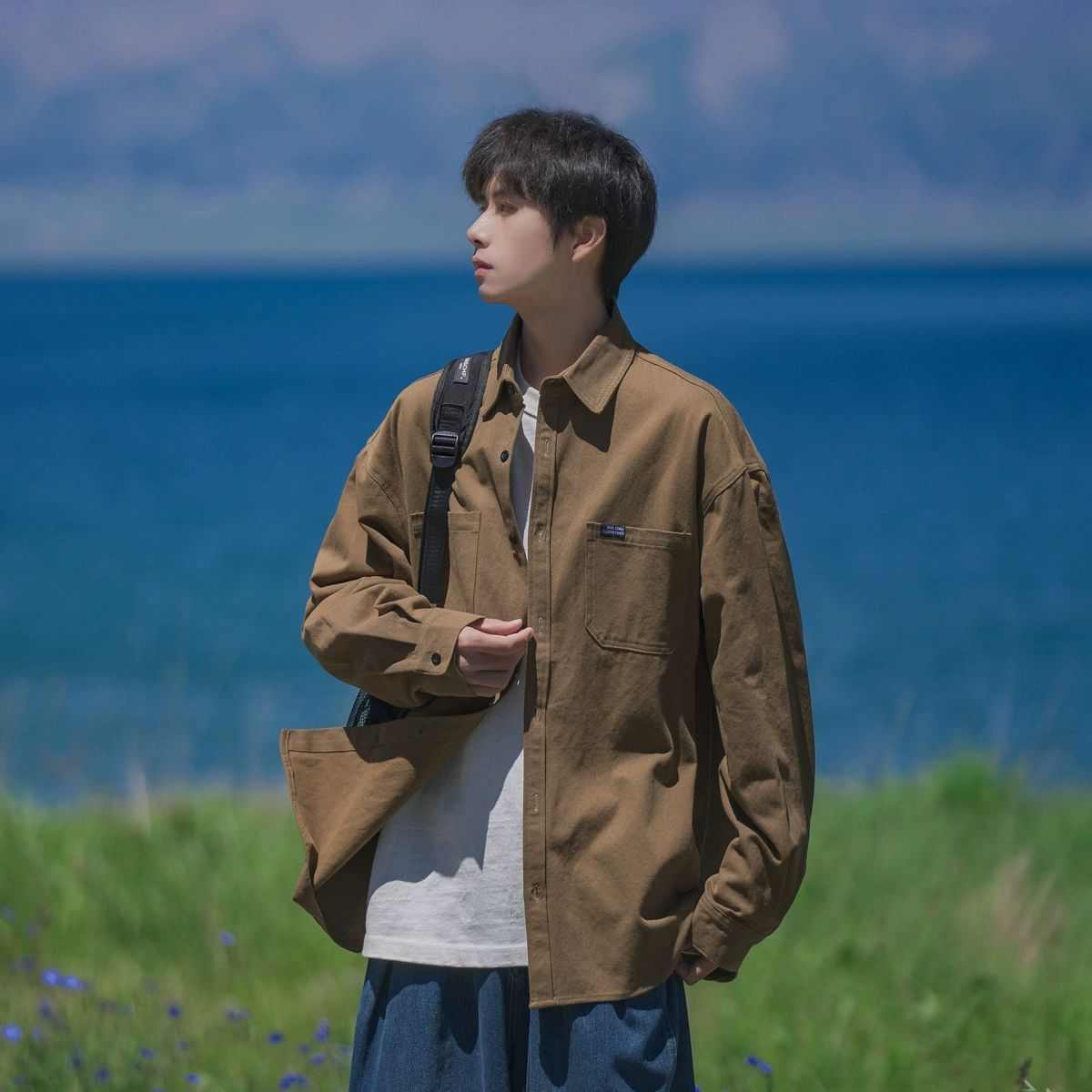 日系黑色工装长袖衬衫外套男2025新款外套春秋款复古百搭宽松衬衣