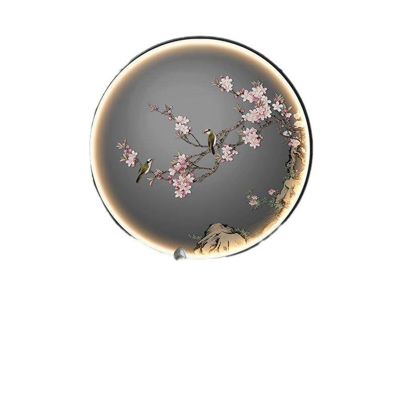 新中式走廊入户玄关装饰画花鸟圆形LED发光带灯挂画书房客厅壁画