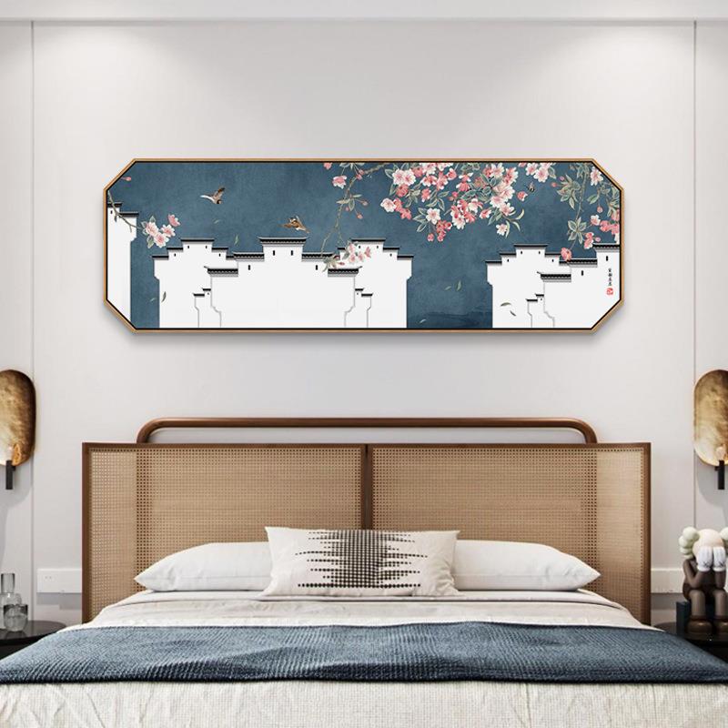 徽派建筑新中式客厅装饰画茶室沙发背景花鸟挂画卧室床头横版墙画