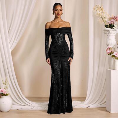 Women Maxi Dress Off Shoulder Ruched Bodycon Color Evening
