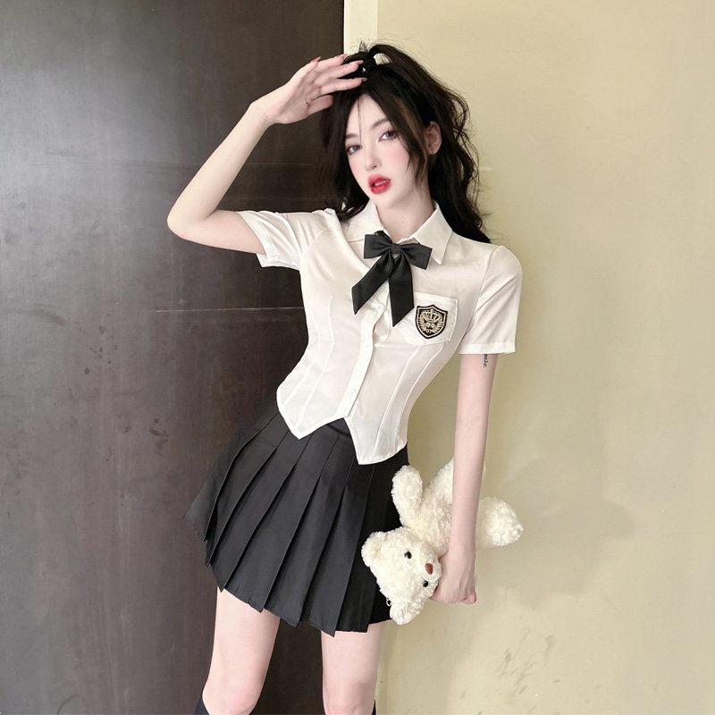 夏季衬衫蝴蝶结上衣女短款显瘦英伦学院风白色衬衣短袖学生制服