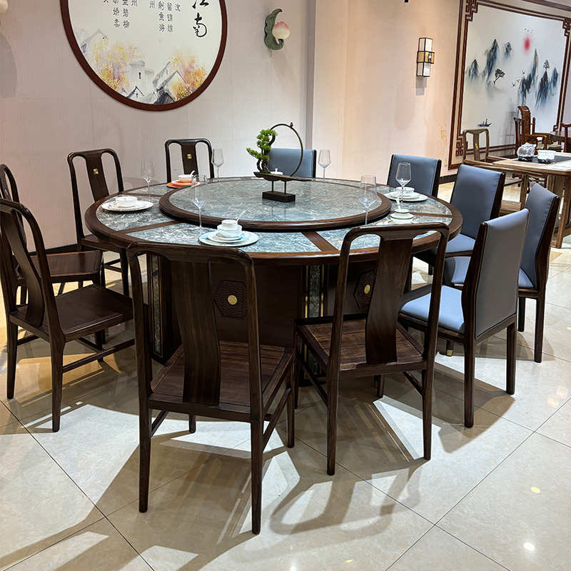 酒店电动餐桌新中式大圆桌别墅客厅家用饭桌实木桌椅组合中式家具