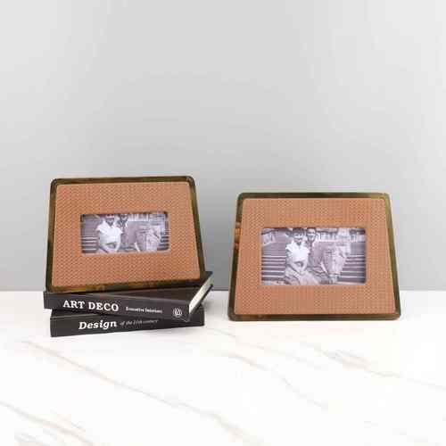 现代简约金属皮革编织皮栅格纹复古相框摆件客厅卧室桌面家居饰品