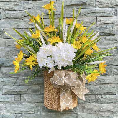 前门花环门挂篮悬挂奶油绣球花春花卉人造春夏花篮挂饰家居装饰品