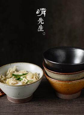 日式手工粗陶大容量汤面碗白米饭碗家用复古高脚碗加厚土碗可微波