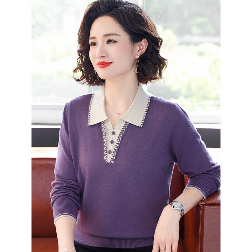 妈妈款春装上衣服洋气中年女翻领打底小衫中老年春秋长袖t恤套装
