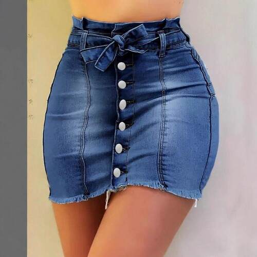 Women Dark Wash Skirt Waist Tie Adjustable Casual Pencil