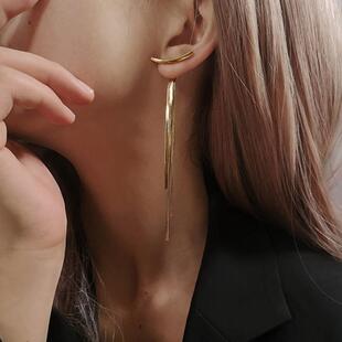 Korean Vintage Glossy Arc Bar Long Tassel Drop Earrings for