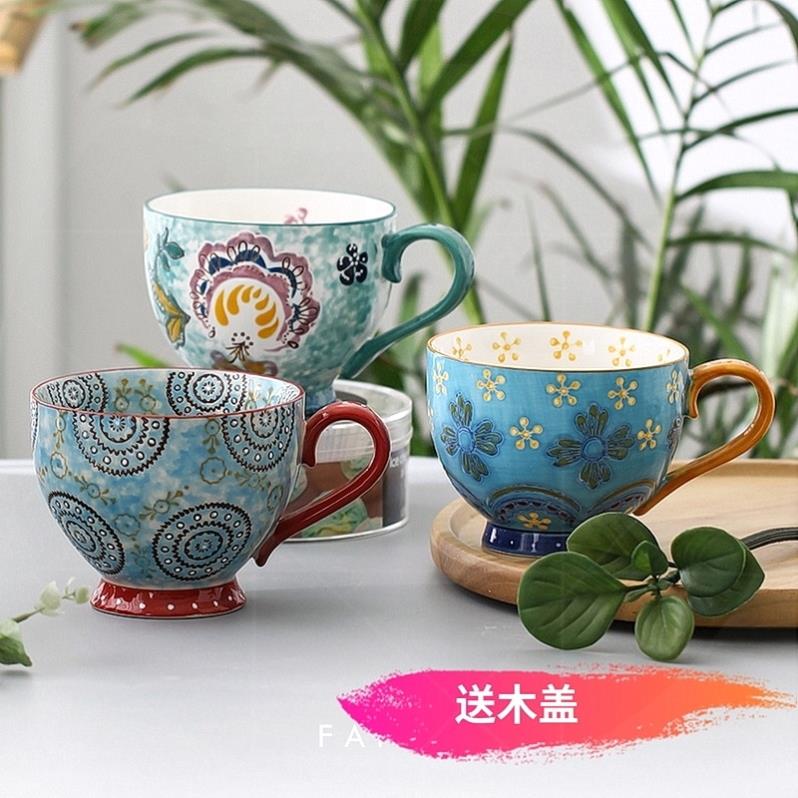 欧式大容量大号早餐杯燕麦杯牛奶杯可微波马克杯釉下彩手绘杯带勺