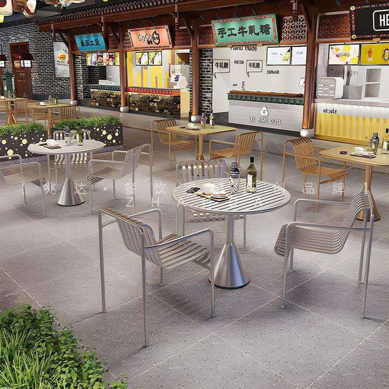 户外不锈钢餐桌椅工业风大排档60CM小圆桌奶茶店轻奢长桌商用家具