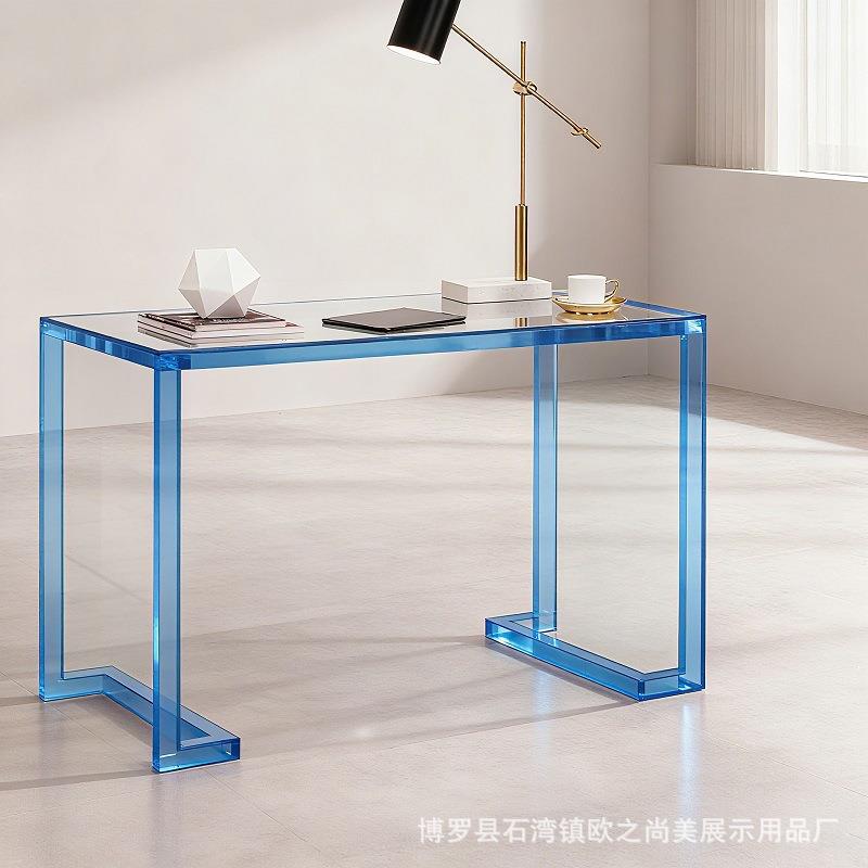亚克力蓝色书桌现代简约透明桌子客厅多巴胺餐桌卧室创意梳妆桌