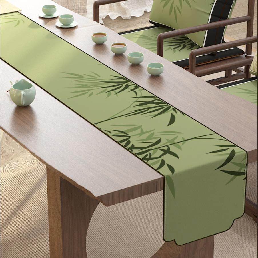 桌旗宋式美学竹韵绿色新中式亚麻餐桌茶桌布茶几茶台布茶席茶桌布
