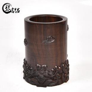 琴书侣黑檀木雕笔筒工艺品摆件实木质明式毛笔海浪笔筒办公桌摆件