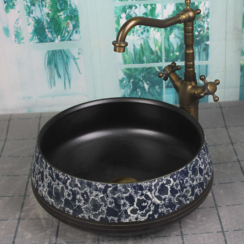 卫生间陶瓷仿古中式台上盆洗手盆户外洗脸面盆室外复古洗漱池圆形