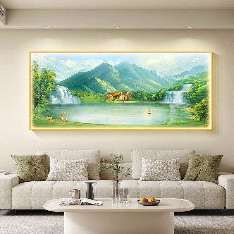 福居宝地山水画led带灯客厅沙发背景墙装饰画大气聚宝盆灯光挂画
