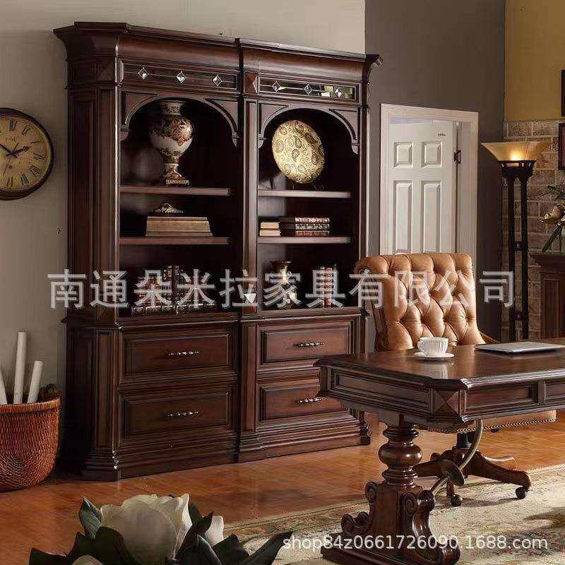 美式复古做旧轻奢高端大户型书房别墅开放式实木储物大书柜