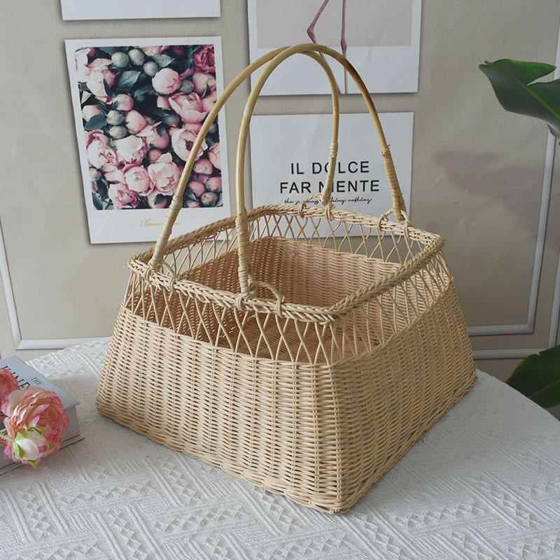 新款手工编织篮子创意手提野餐篮户外藤编收纳篮水果篮送礼花篮
