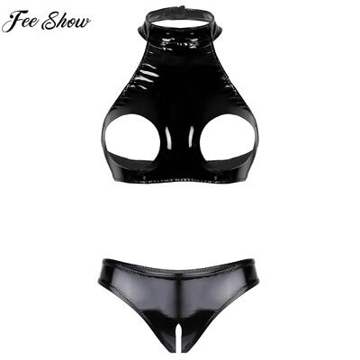 Womens Sexy Bare Chested Lingerie Set Patent Leather Underwe