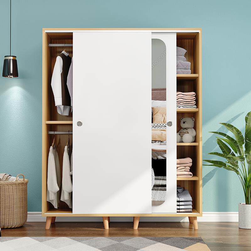 衣柜现代简约推拉门家用卧室带镜子实木衣橱儿童出租房简易收锦标