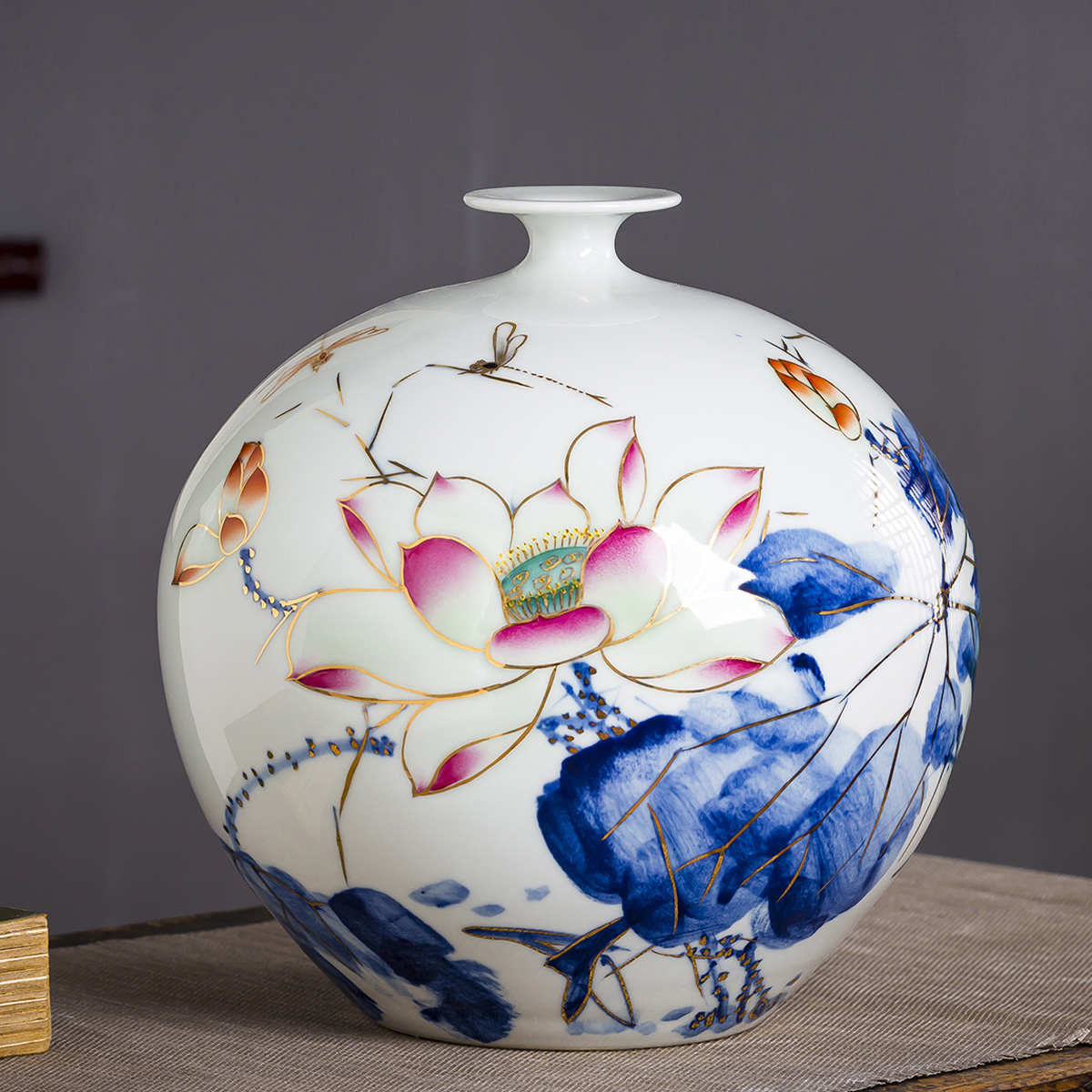 景德鎮(zhèn)陶瓷器花瓶擺件牡丹荷花描金石榴瓶新輕奢客廳裝飾念吽陶瓷