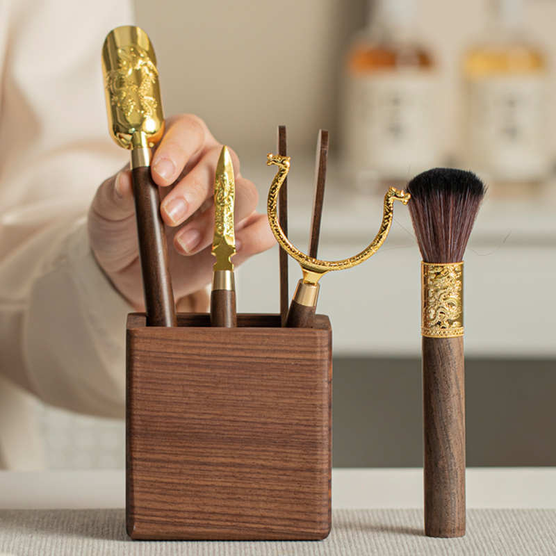 胡桃木六君子套装黄铜黑檀木功夫茶具茶道茶艺配件茶夹茶勺茶刀