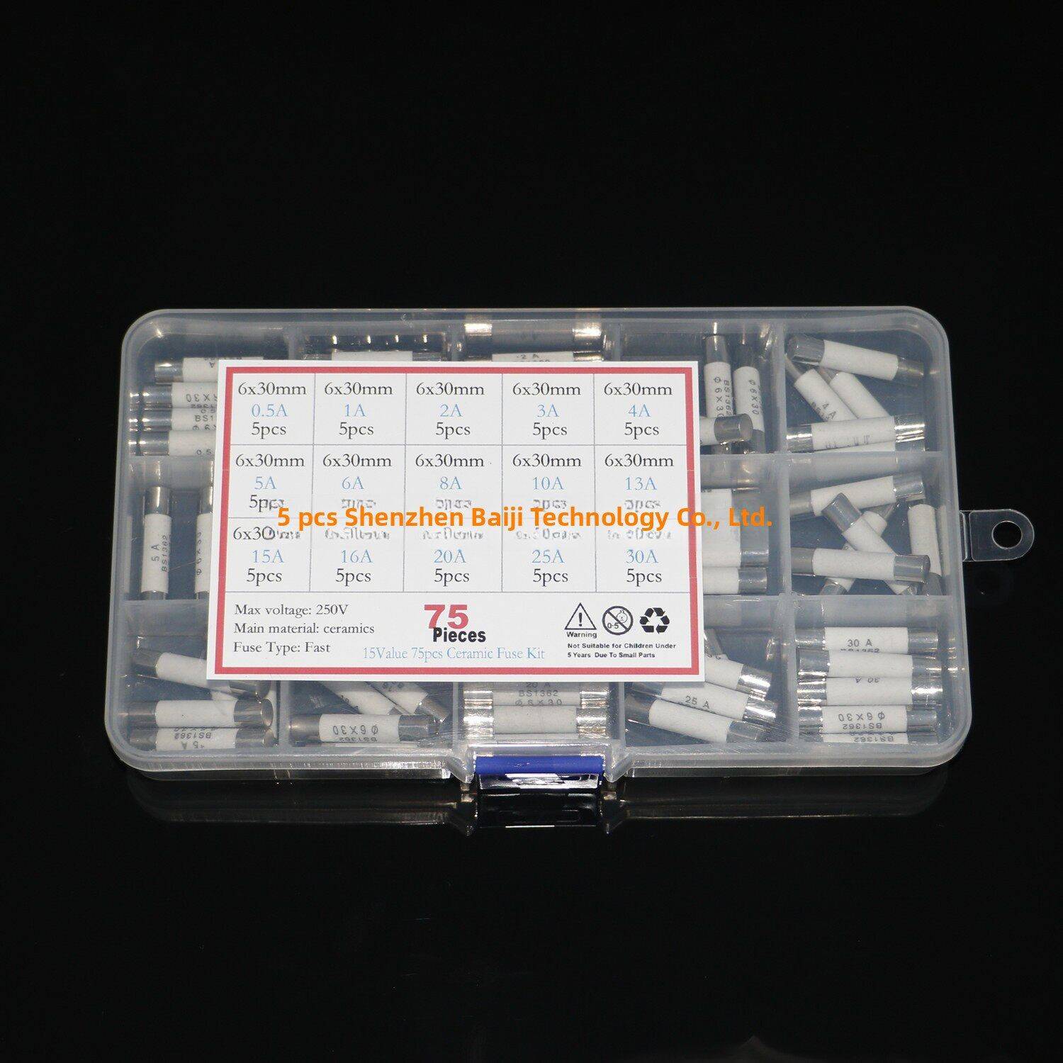 15种规格75个 6x30mm 0.5A~30A 混装熔断器套装 陶瓷保险管丝盒装图片