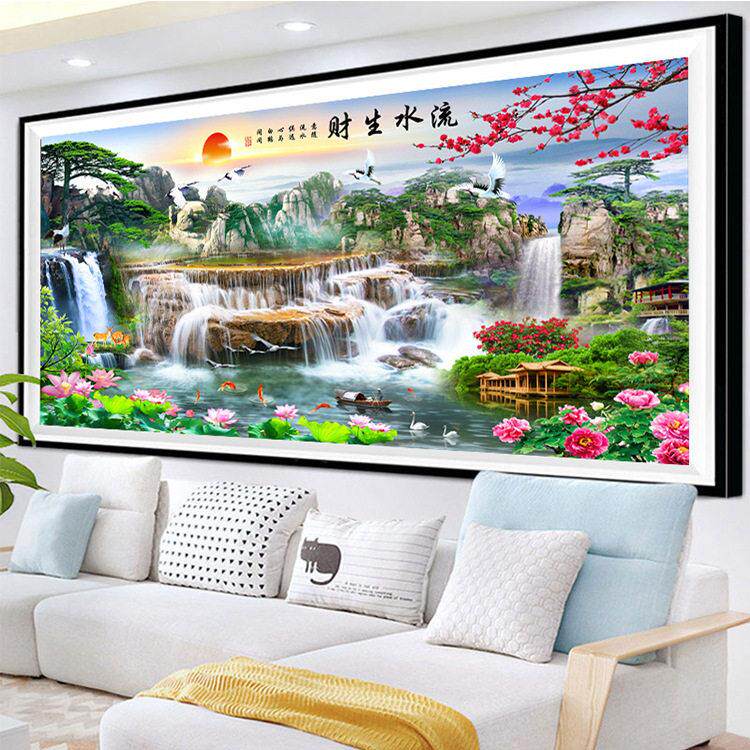 流水生财迎客松钻石画2026新款客厅5d满钻十字绣钻石绣高级风景画