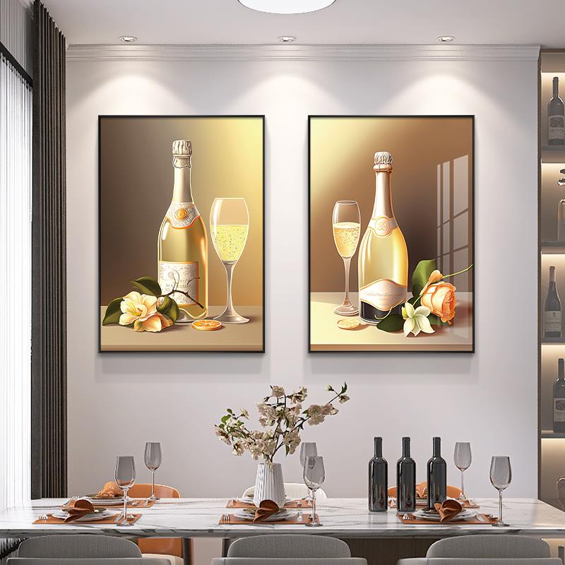 现代简约餐厅装饰画轻奢酒杯花卉饭厅挂画客厅餐桌壁画两联画图片