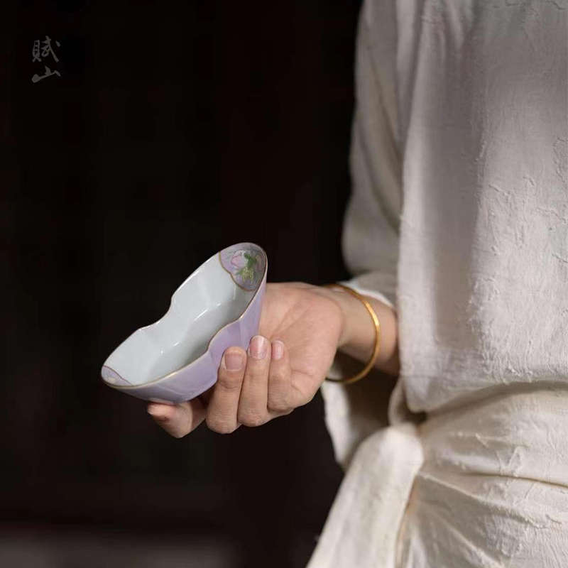 赋山堂景德镇黛紫元宝三多纹茶荷描金边粉彩手绘陶瓷茶则