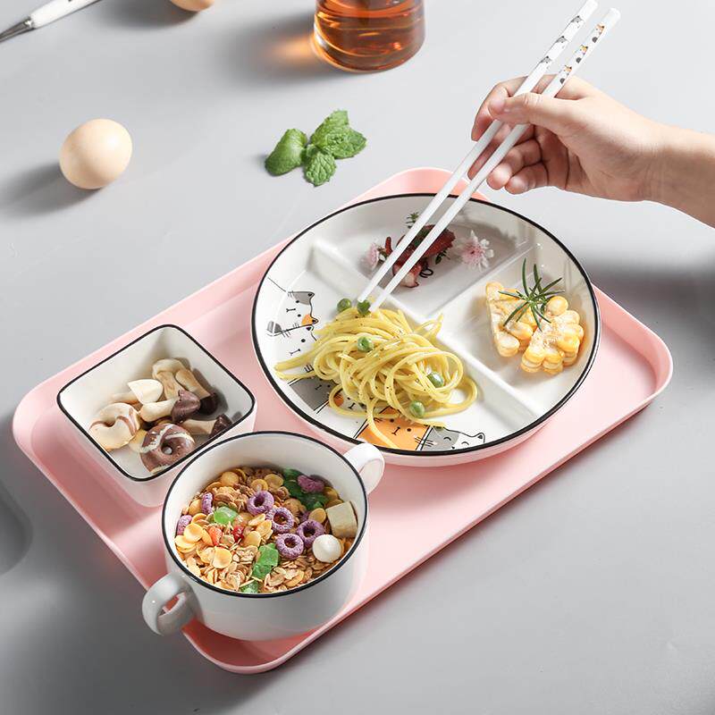 一人食餐具套装陶瓷分格餐盘带碗托盘家用分隔三格大人减脂早餐盘