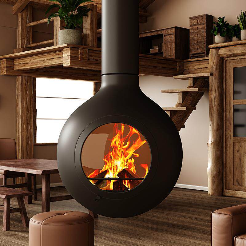 高端专属黑色圆形艺术壁炉悬挂式室内酒精取暖炉别墅真火壁炉家用